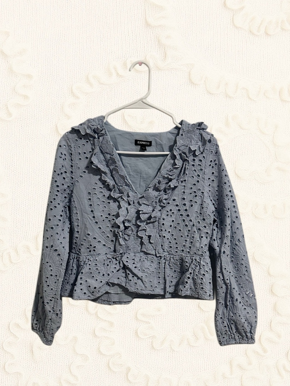 Express Gray Ruffle Eyelet Blouse Size Small Like New